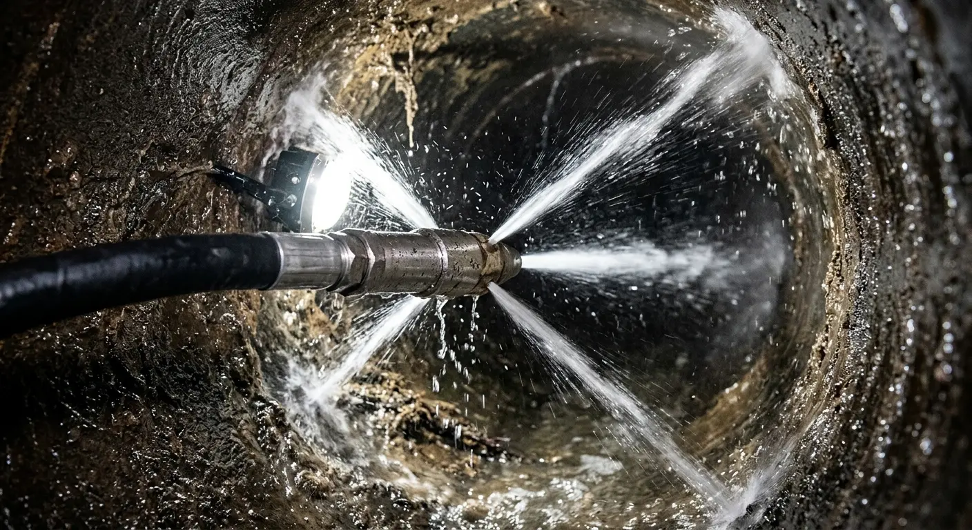 High-pressure hydro jetting nozzle cleaning sewer pipe for Emergency Drain Service in Kernersville
