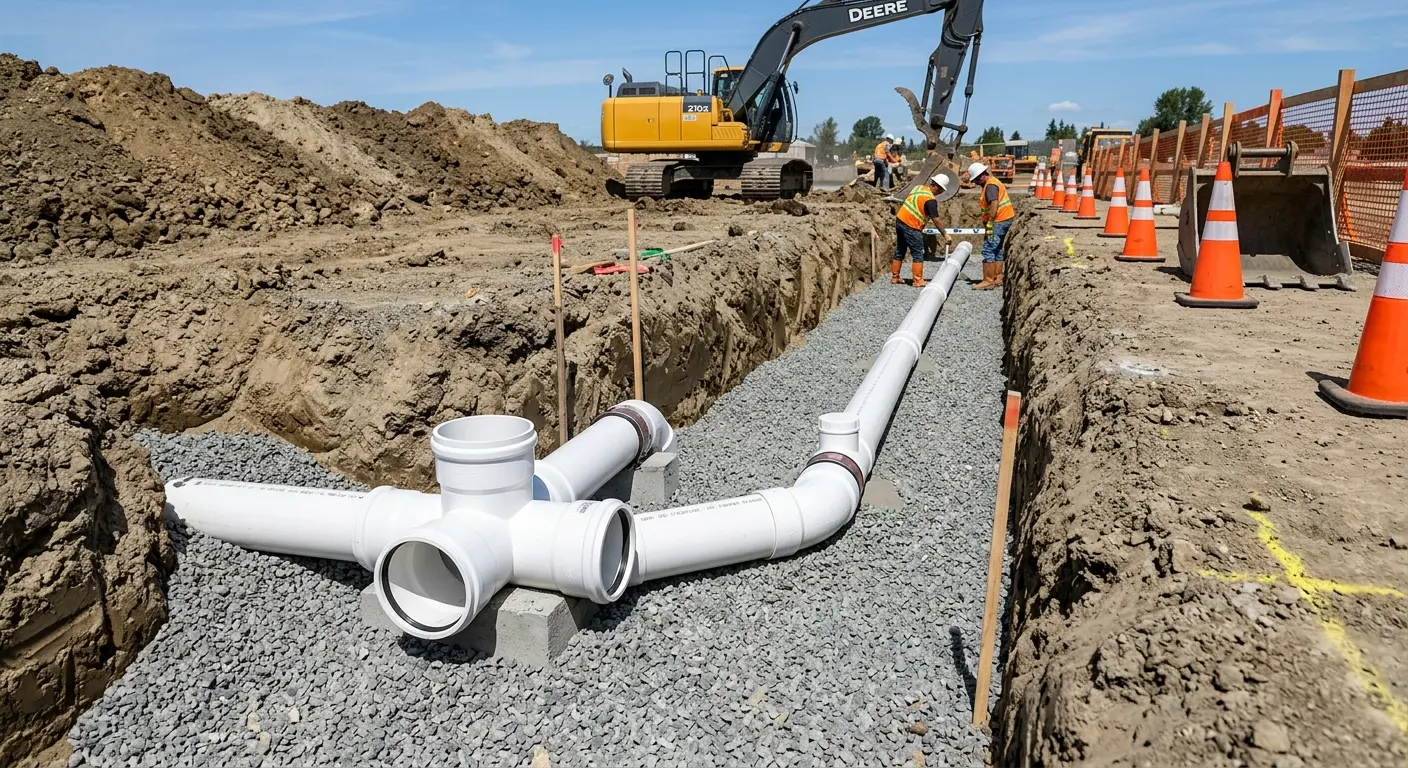 New PVC sewer pipe installation in open trench for Grease Trap Cleaning in Kernersville