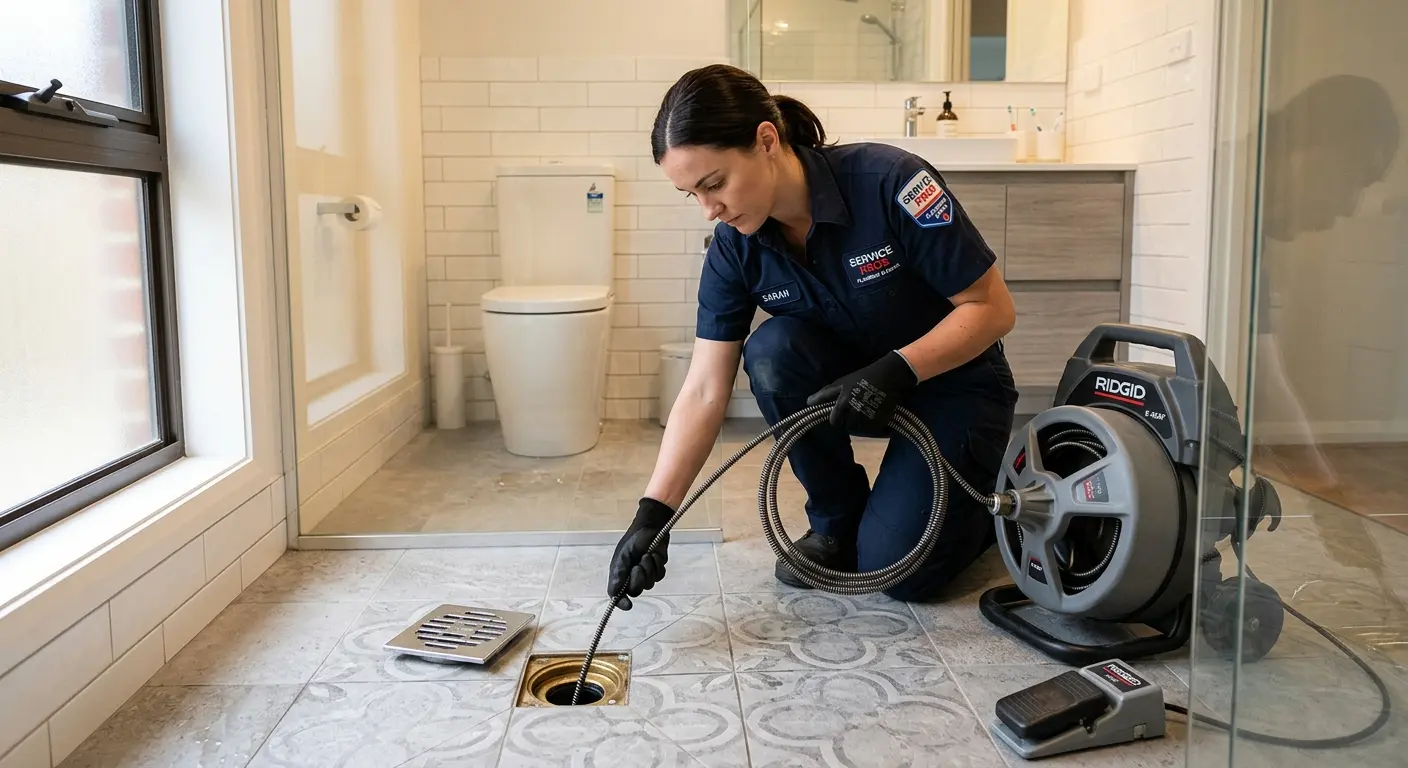 Technician clearing a bathroom floor drain for Hydro Jetting in Kernersville